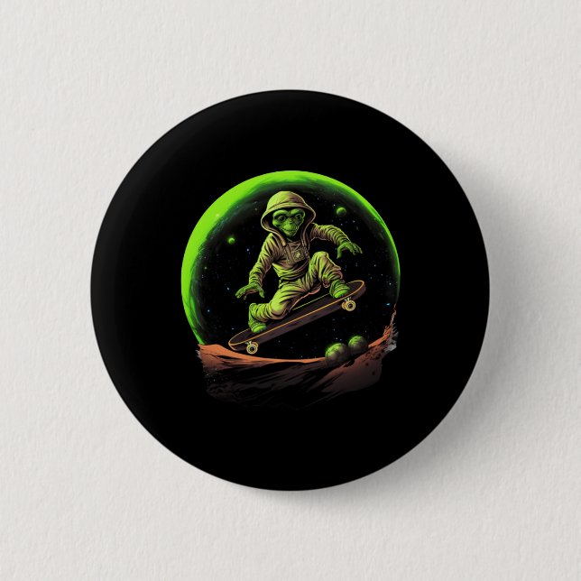 Skateboarding Alien On The Ring Of Saturn Outer Sp 2 Inch Round Button (Front)