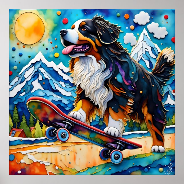 Skateboarding Bernese Mountain Dog Poster (Front)