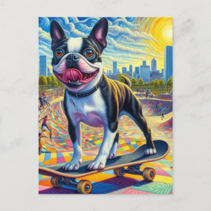 Skateboarding Boston Terrier Colourful Fun Surreal Postcard