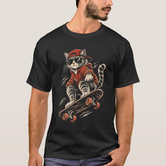 Skateboarding Cat - Funny Cat T-Shirt (Front)