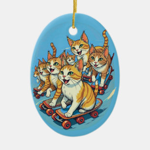 Skateboarding Cats on the Move Ceramic Ornament