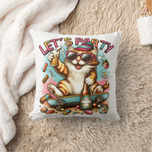 Skateboarding cats with treats & drinks! throw pillow