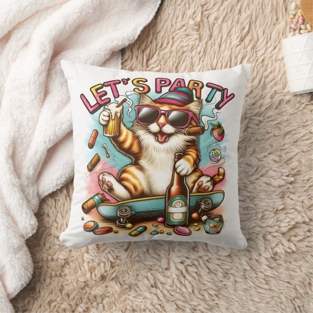 Skateboarding cats with treats & drinks! throw pillow (Blanket)