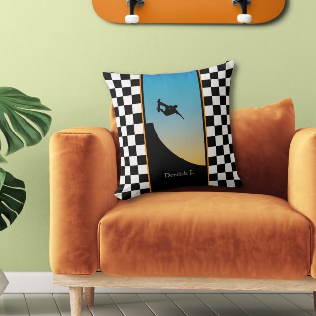 Skateboarding Chequered Throw Pillow (Creator Uploaded)