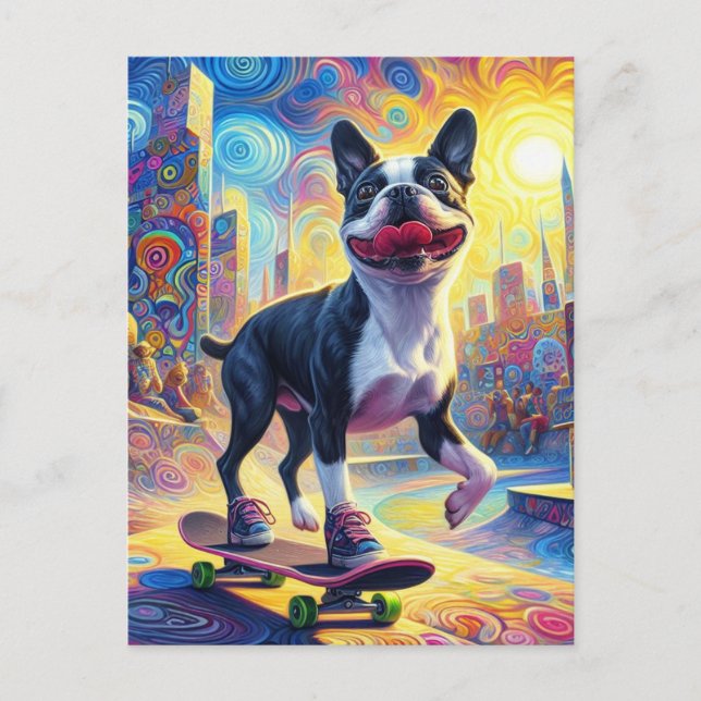 Skateboarding Colourful Surreal Boston Terrier Postcard (Front)