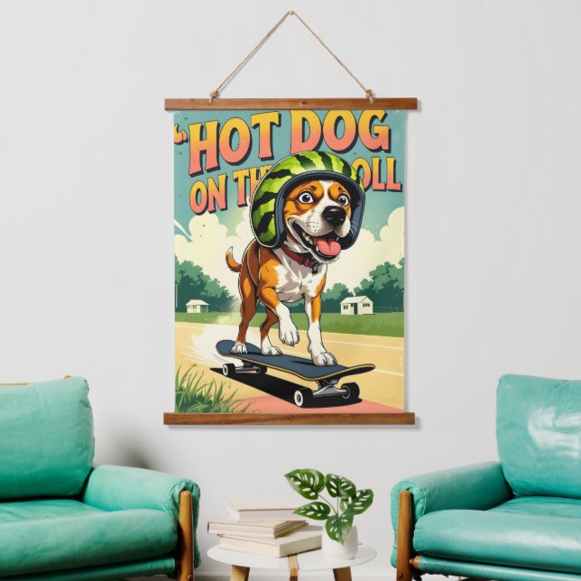 Skateboarding Dog Summer Funny Retro Beach  Hanging Tapestry (Living Room)