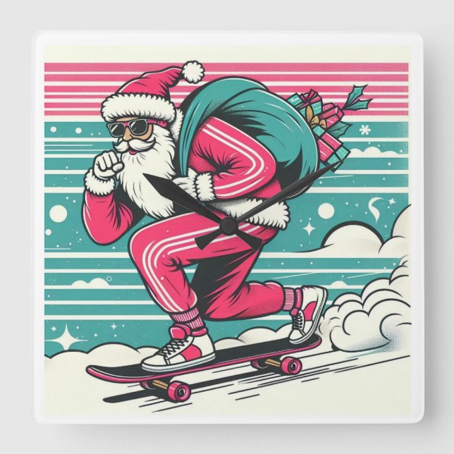Skateboarding father christmas square wall clock (Front)