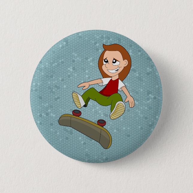 Skateboarding girl cartoon button (Front)