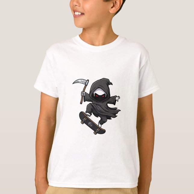 Skateboarding Grim Reaper Scythe Chibi Kids T-Shirt (Front)