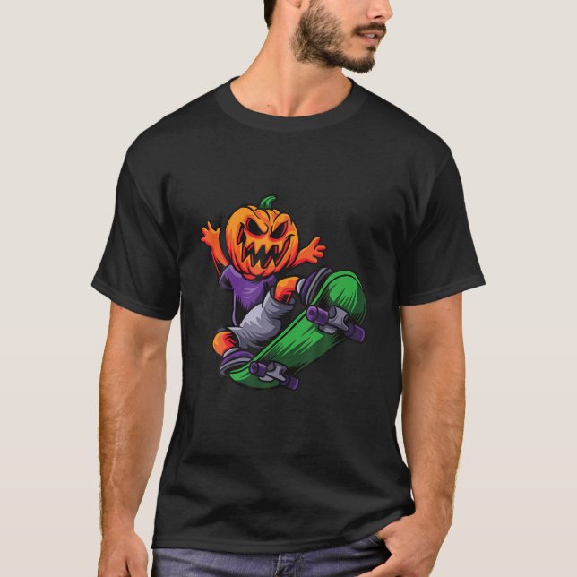Skateboarding Halloween Retro Sunset Party Pumpkin T-Shirt (Front)