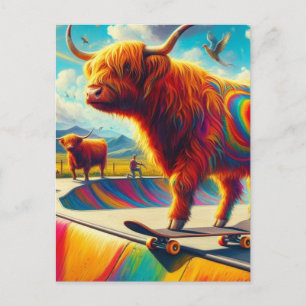 Skateboarding Highland Cow Colourful and Fun Postcard