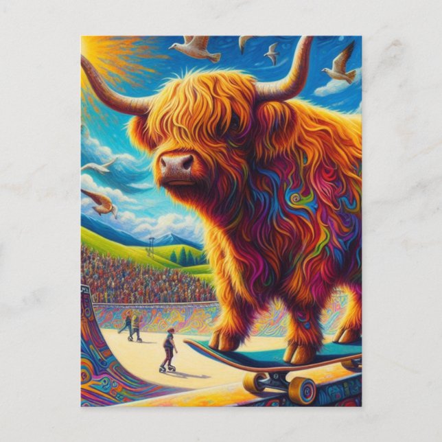 Skateboarding Highland Cow Colourful Fun Surreal Postcard (Front)