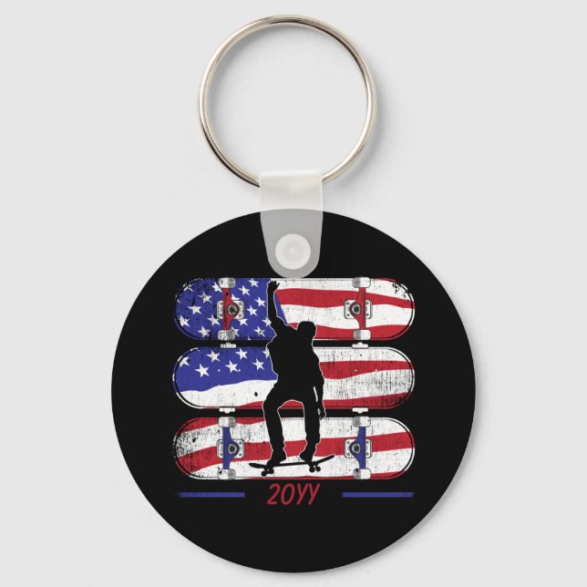 Skateboarding Men - USA American Flag Keychain (Front)