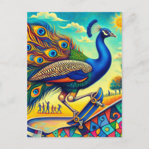 Skateboarding Peacock Colourful and Fun Postcard