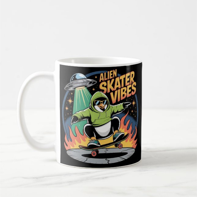 Skateboarding Penguin UFO Alien Funny Coffee Mug (Left)