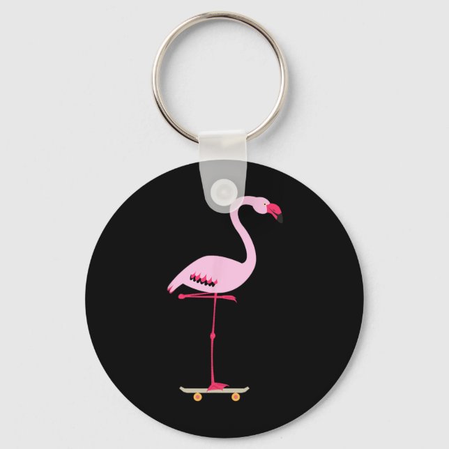 Skateboarding Pink Flamingo Cool Funny Graphic  Keychain (Front)