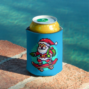 Skateboarding Santa: Quirky 8-Bit Christmas Can Cooler
