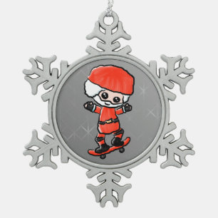 Skateboarding Santa Snowflake Pewter Christmas Ornament