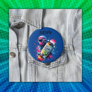 Skateboarding Skater Happy Birthday Monogram Blue  4 Inch Round Button