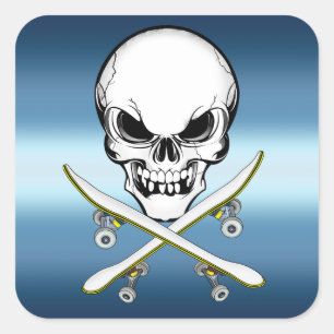 Skateboarding sticker with skull blue white