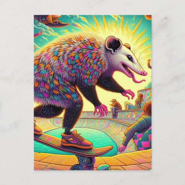 Skateboarding Surreal Adorable Opossum  Postcard (Front)