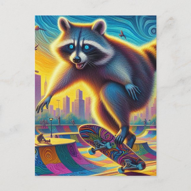 Skateboarding Surreal Adorable Raccoon Postcard (Front)