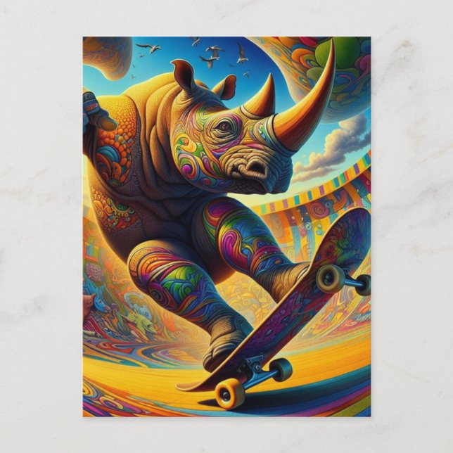 Skateboarding Surreal Adorable Rhino Postcard (Front)