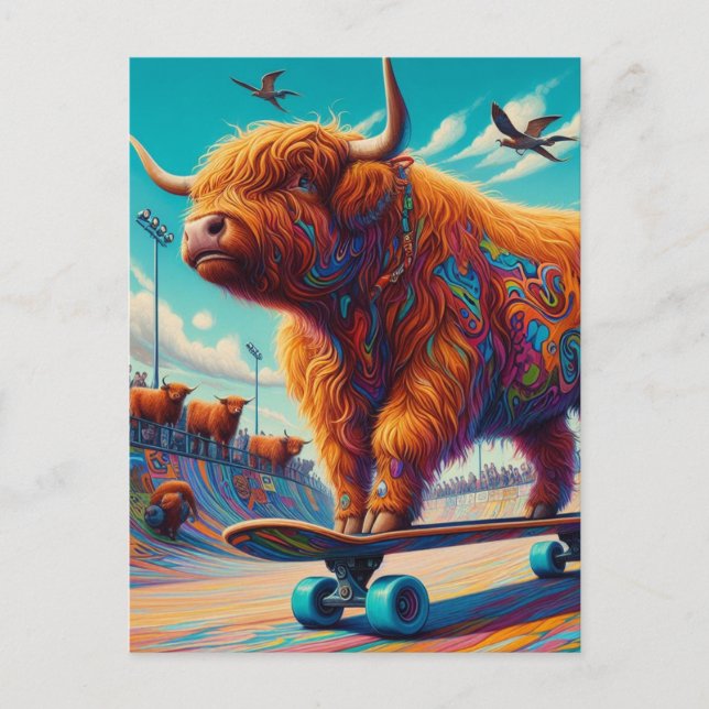 Skateboarding Surreal Highland Cow Postcard (Front)
