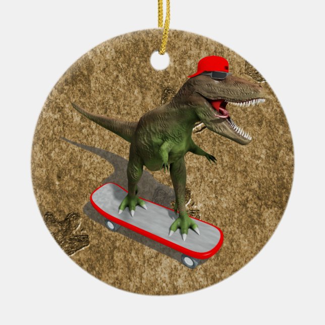 Skateboarding T-Rex Ceramic Ornament (Front)