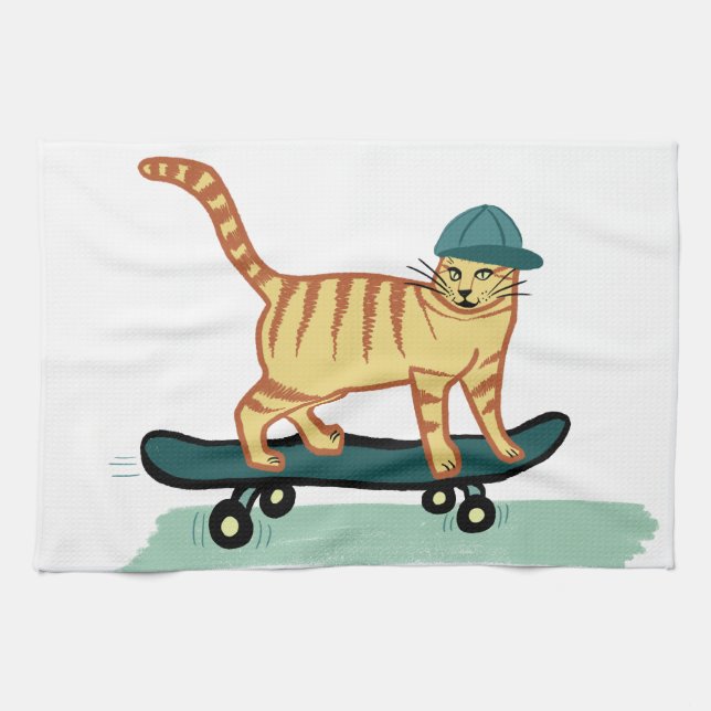 Skateboarding Tabby Cat Kitchen Towel (Horizontal)