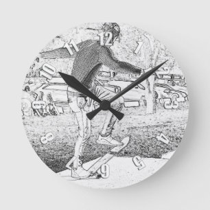 Skateboarding Trickster Sketch Round Clock