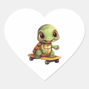 Skateboarding Turtle, Athletic Animal Design Heart Sticker