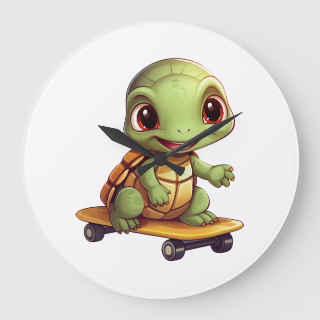Skateboarding Turtle, Athletic Animal Design Large Clock (Front)