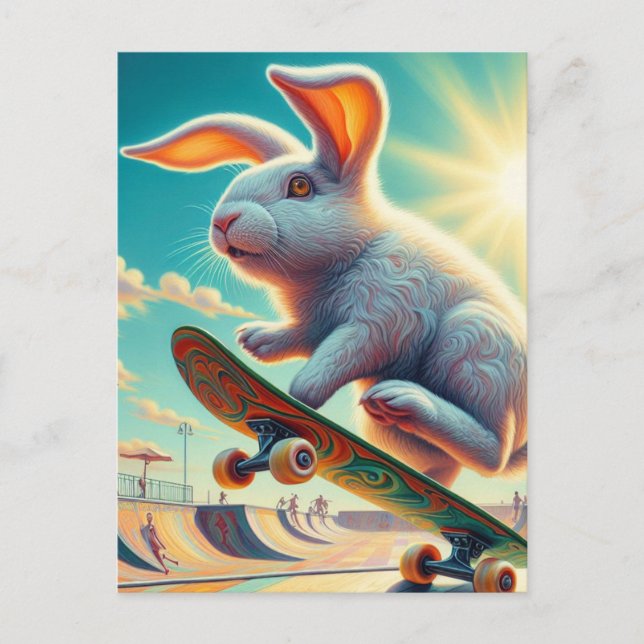 Skateboarding White Bunny Surreal Colourful and Fu Postcard (Front)