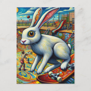 Skateboarding White Rabbit Colourful Fun Surreal Postcard