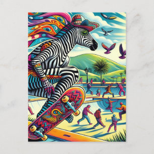 Skateboarding Zebra Colourful and Fun Postcard