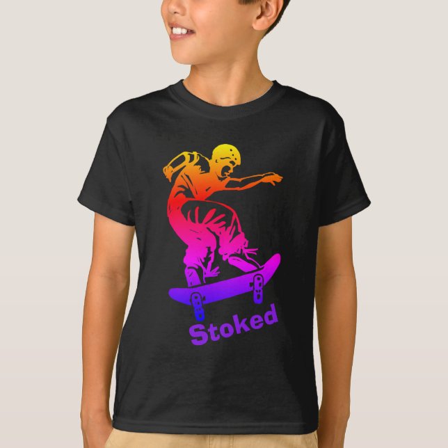Skater Boy Stoked Rainbow Skateboarder T-Shirt (Front)