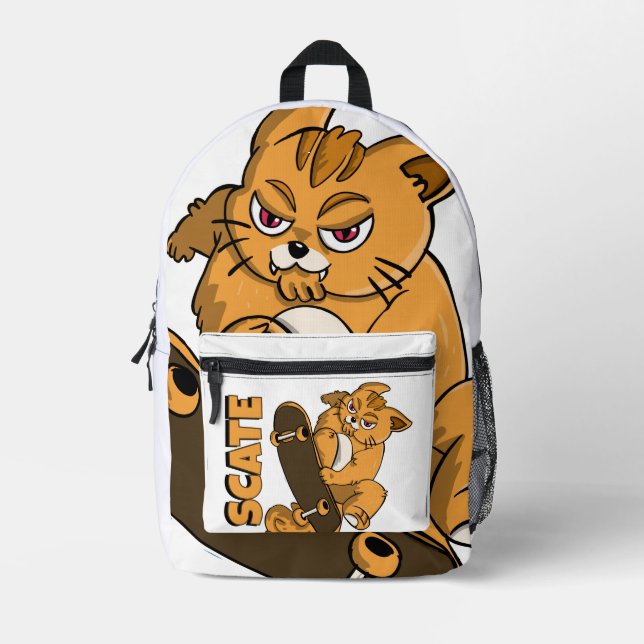 Skater Cat – Orange Kitty Mid-Air Trick Printed Backpack (Front)
