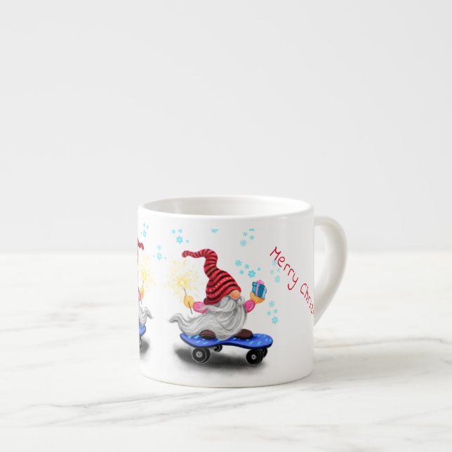 Skater Christmas Gnome with Gift Mug (Front Right)