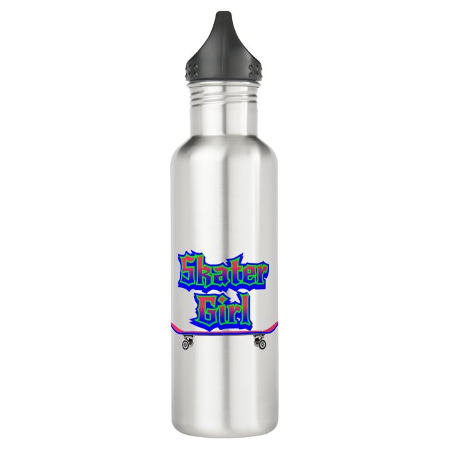 Skater Girl Blue Pink Graffiti Glow Skateboard  710 Ml Water Bottle (Left)
