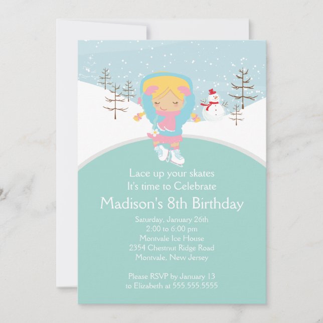 Skater Girl Ice Skating Birthday Party Invitation (Front)