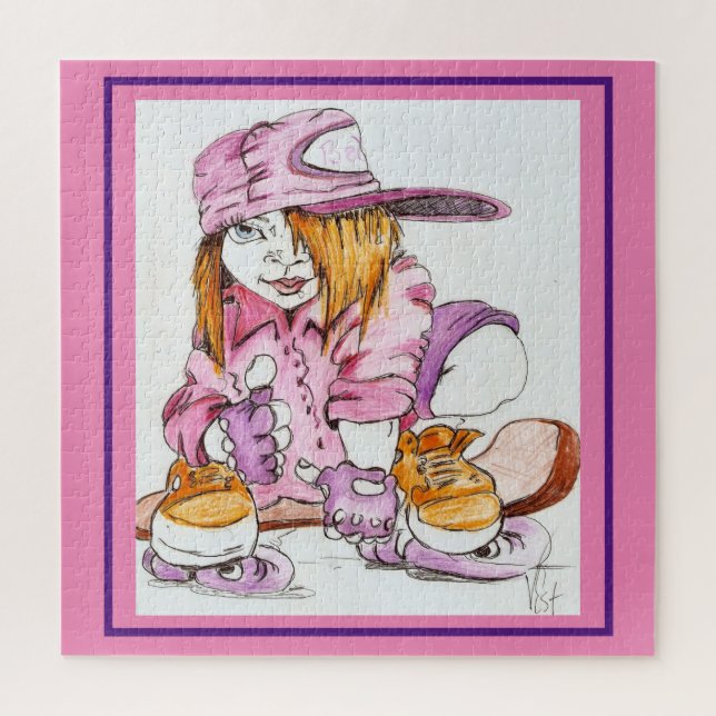 SKATER GIRL IN PINK on SKATEBOARD on a Jigsaw Puzzle (Vertical)