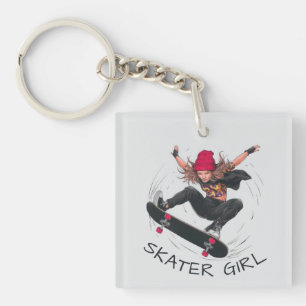 Skater Girl Skateboarding Keychain