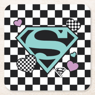 Skater Girl Supergirl Hearts S-Shield Square Paper Coaster