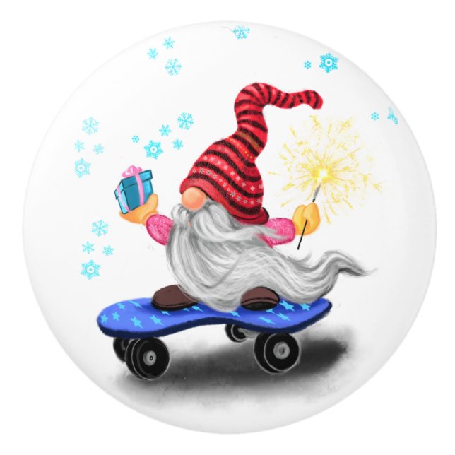 Skater Gnome Christmas Ceramic Knob (Front)