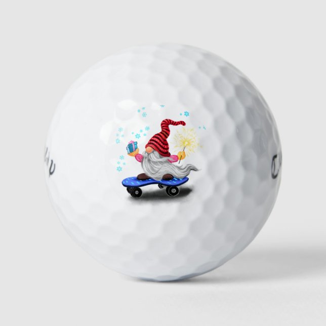 Skater Gnome with Gift Christmas Golf Balls (Front)