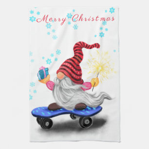 Skater Gnome with Gifts and Sparkler - Christmas Kitchen Towel