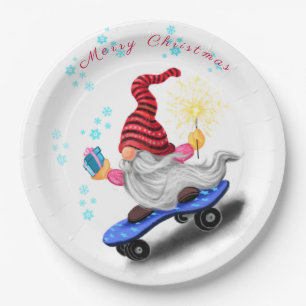 Skater Gnome with Gifts and Sparkler - Christmas Paper Plate