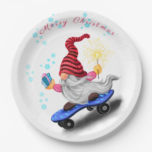 Skater Gnome with Gifts and Sparkler - Christmas Paper Plate (Front)