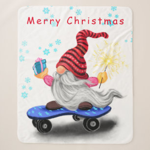 Skater Gnome with Gifts and Sparkler - Christmas Sherpa Blanket